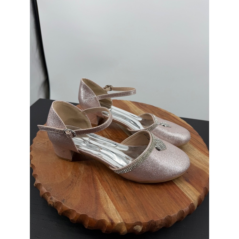 Badgley Mischka D'orsay Dress Shoes girls 4 Pink Rhinestone Heart Block Heel - Picture 1 of 8